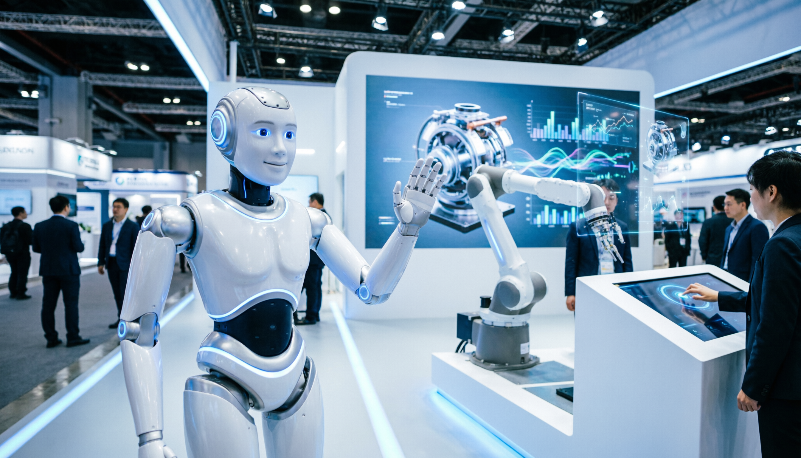 Realistic modern trade show booth focused on industrial robotics product presentation