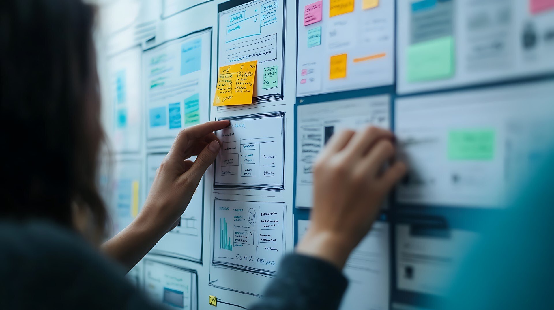 A person looks at a wall covered with colorful sticky notes for trade fair planning.