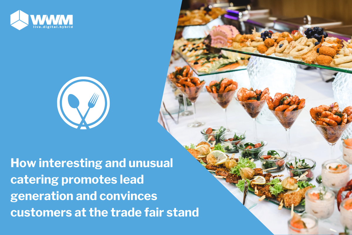 Section of a buffet with finger food, accompanied by the text 'How interesting and unique catering promotes lead generation and convinces customers at the trade fair booth' and the WWM company logo