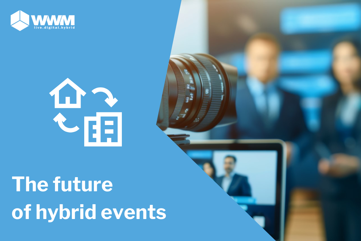 section of a hybrid event setup: A camera captures people while the mirrored image is simultaneously displayed on a screen. The image includes the text 'The Future of Hybrid Events' as well as the WWM company logo, a house icon, and a business icon.