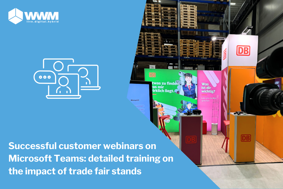 text 'Successful customer webinars via Microsoft Teams: Detailed training on the impact of trade fair booths' as well as a section of a Deutsche Bahn trade fair booth and a video camera