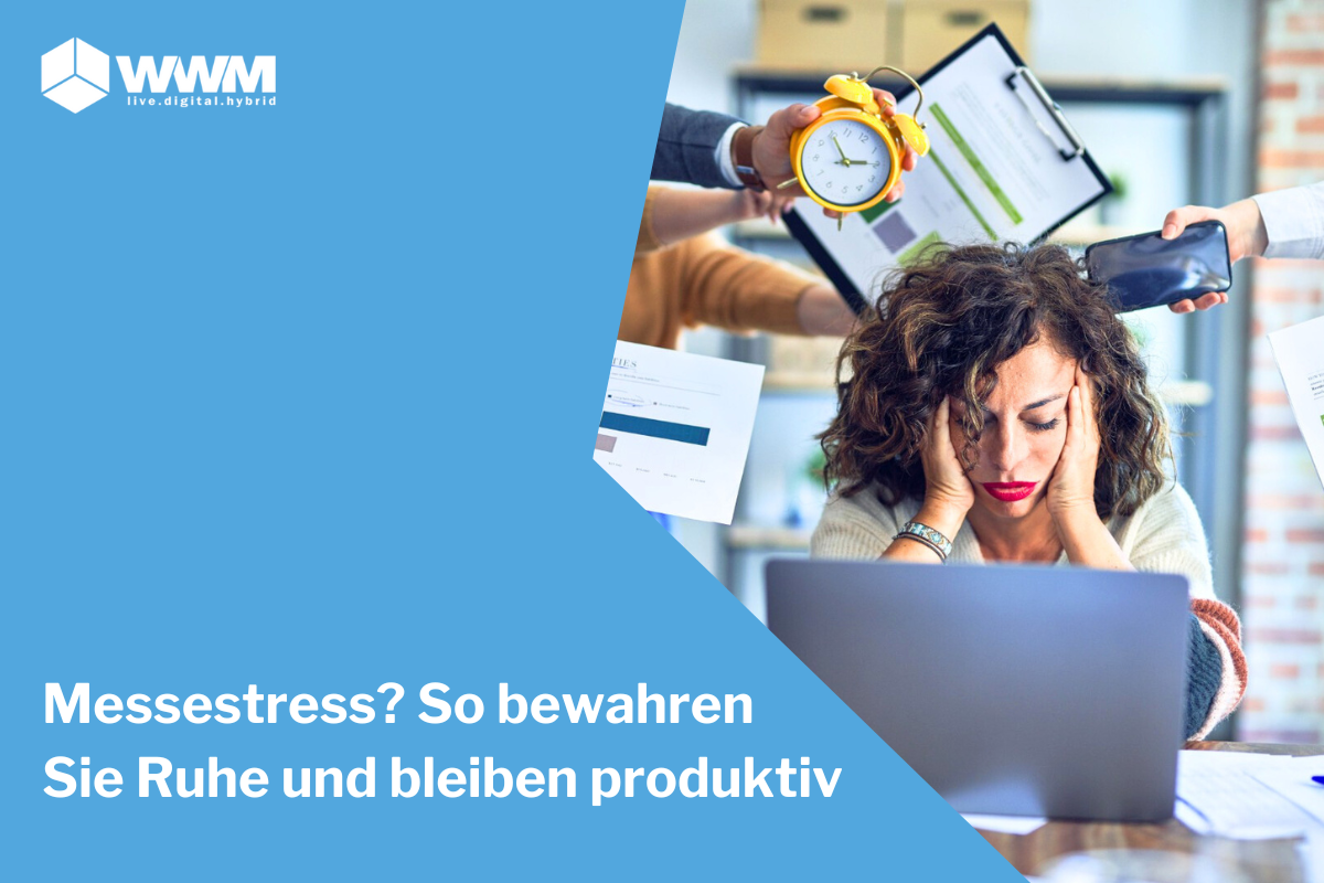 Messestress - Frau hält sich im Stress den Kopf fest 
