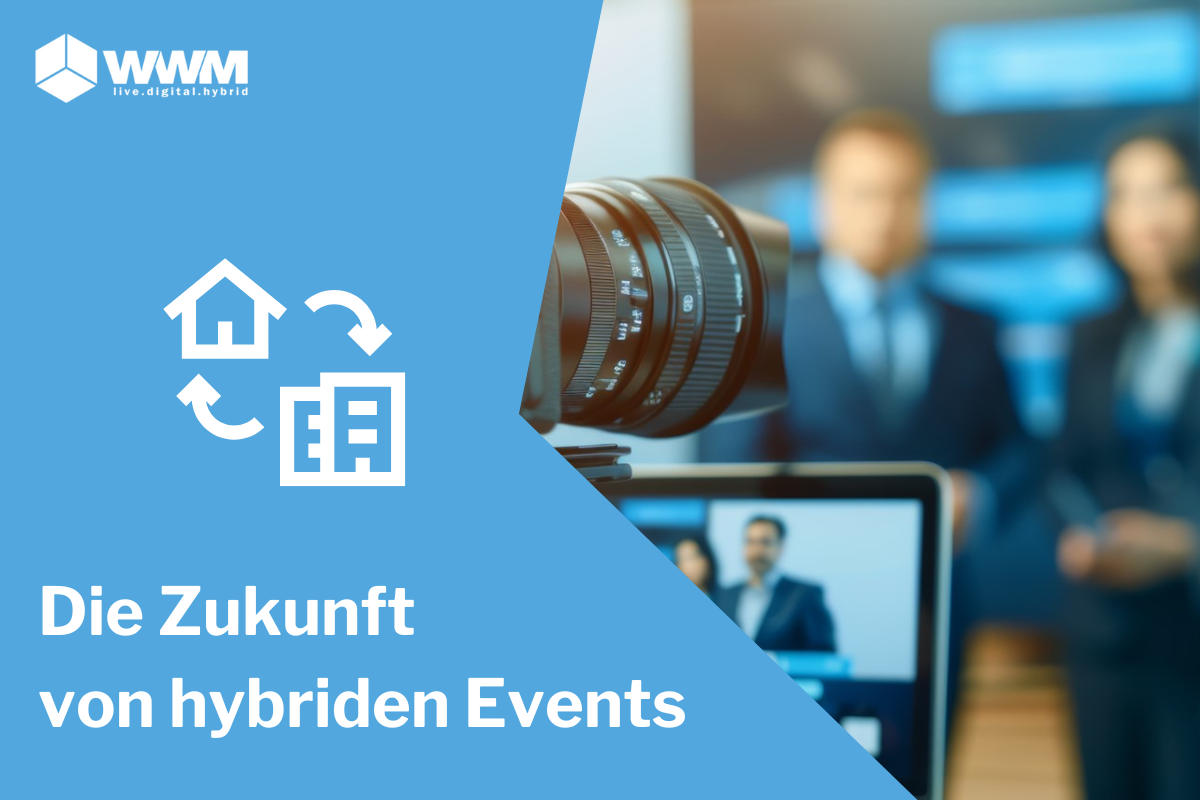 Ausschnitt eines hybriden Event-Setups: Eine Kamera filmt Personen, während das gespiegelte Bild gleichzeitig auf einem Bildschirm wiedergegeben wird. Im Bild sind der Text 'Die Zukunft von hybriden Events' sowie das WWM Firmenlogo, ein Haus- und ein Unternehmens-Icon zu sehen
