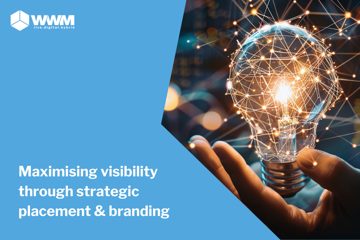 close-up of a light bulb floating in a hand, accompanied by the text 'Maximizing visibility through strategic placement and branding' and the WWM company logo