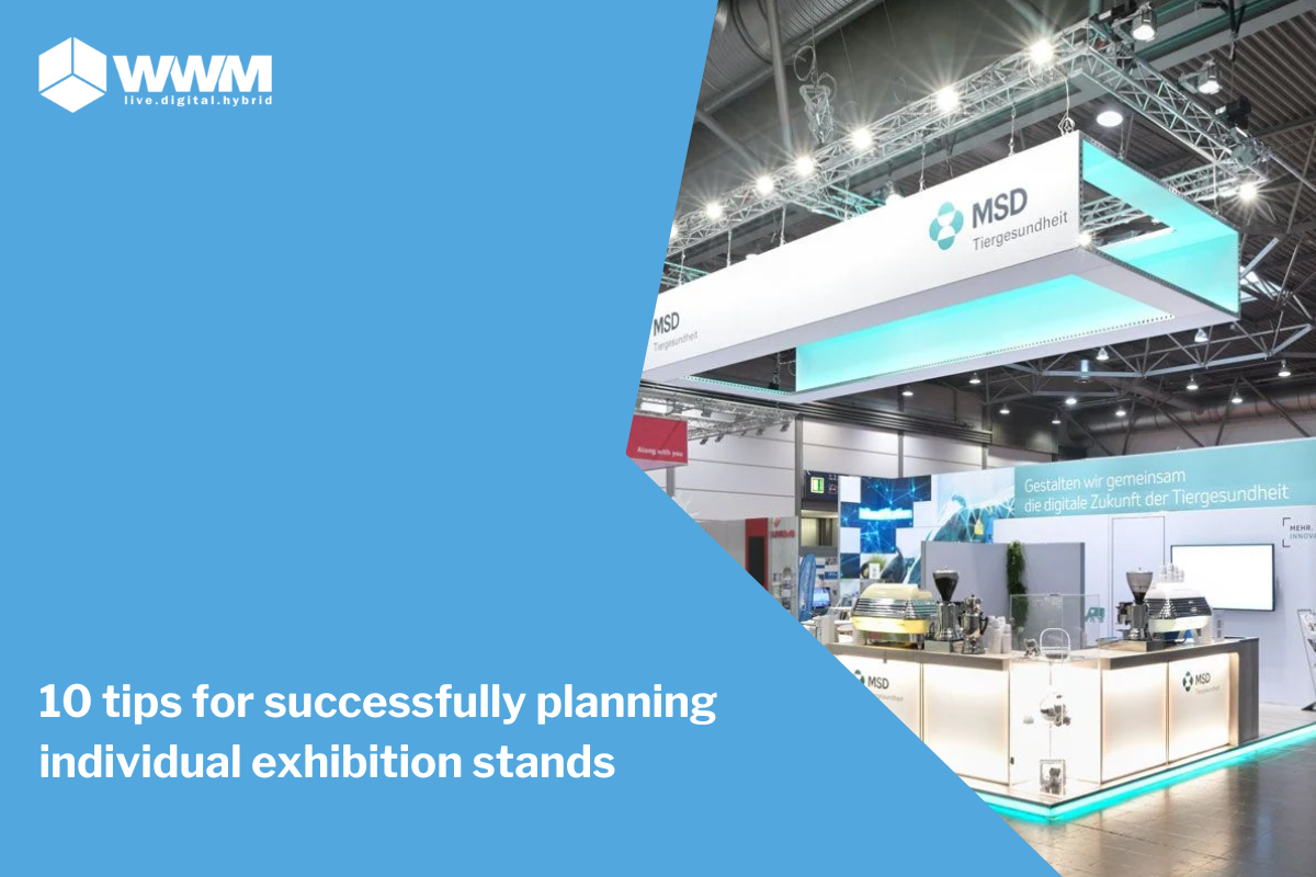 Text '10 Tips for Successfully Planning Custom Exhibition Stands' along with a snippet of an MSD exhibition stand